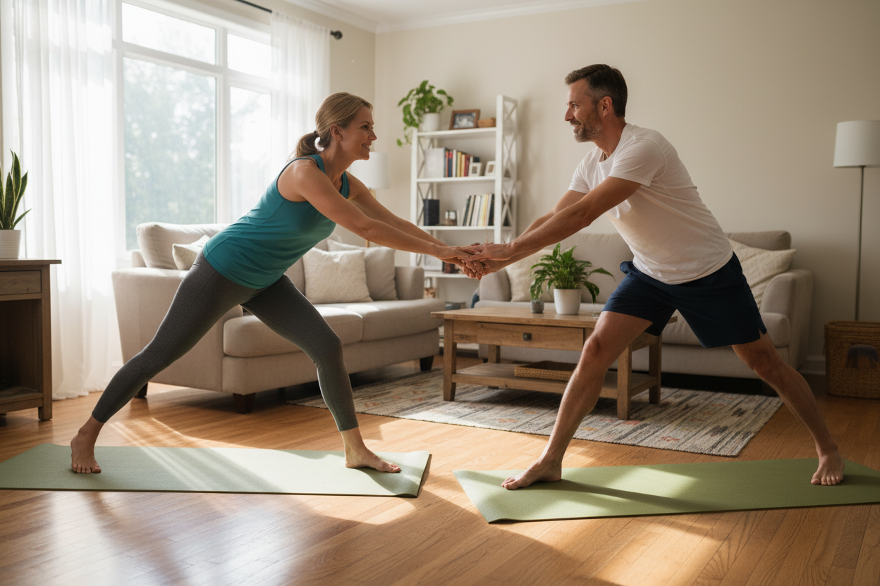 A couple 40+ doing a simple exercise at home